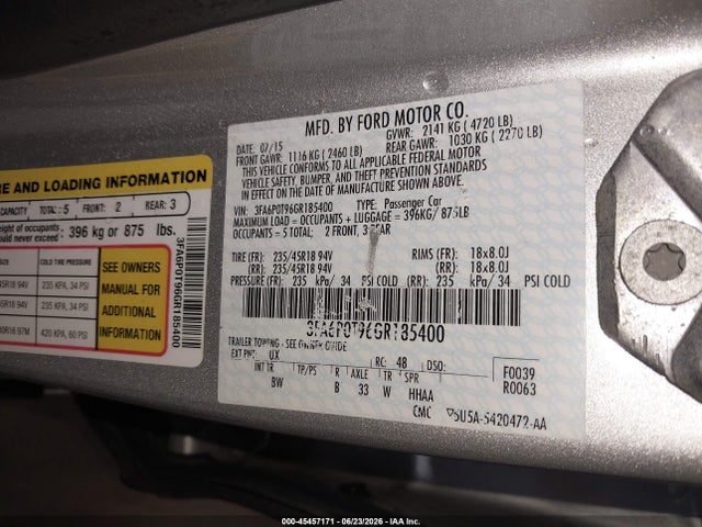 Ford FUSION SE 2016 3FA6P0T96GR185400 Image 9