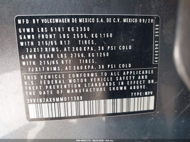 2021 Volkswagen Tiguan 2.0t S მანქანა იყიდება აუქციონზე, vin: 3VV1B7AX9MM011389, აუქციონის ნომერი: 45457178