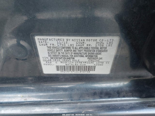 3N1CN7AP1GL840758 Nissan Versa 1.6 S/1.6 S+/1.6 Sl/1.6 Sv
