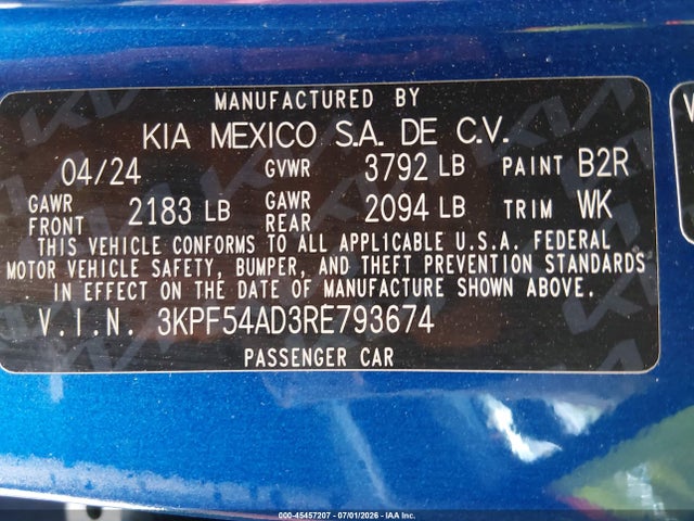 Aukcja sprzedaży 2024 Kia Forte Gt-line, vin: 3KPF54AD3RE793674, numer aukcji: 45457207