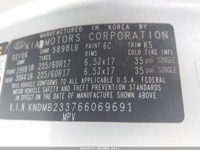 Aukcja sprzedaży 2006 Kia Sedona Ex/lx, vin: KNDMB233766069691, numer aukcji: 45457212