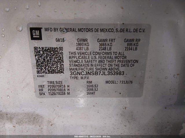 Chevrolet TRAX LS 2018 3GNCJNSB7JL353983 Image 9