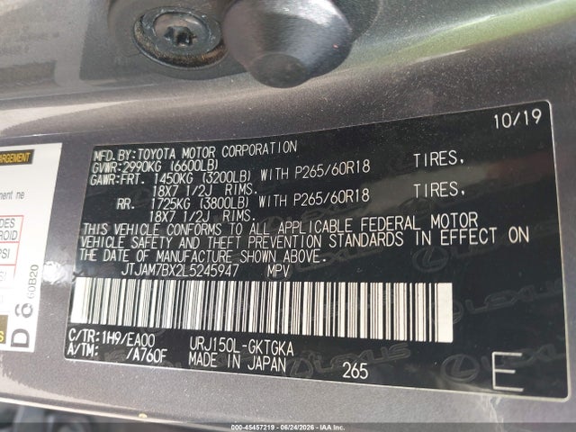 Продаж на аукціоні авто 2020 Lexus Gx 460 Premium, vin: JTJAM7BX2L5245947, номер лоту: 45457219