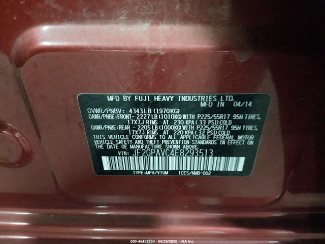 45457234 :رقم المزاد ، JF2GPAVC4E8293513 vin ، 2014 Subaru Xv Crosstrek 2.0i Premium مزاد بيع