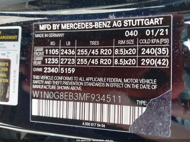 Aukcja sprzedaży 2021 Mercedes-benz Glc 300 4matic Suv, vin: W1N0G8EB3MF934511, numer aukcji: 45457239