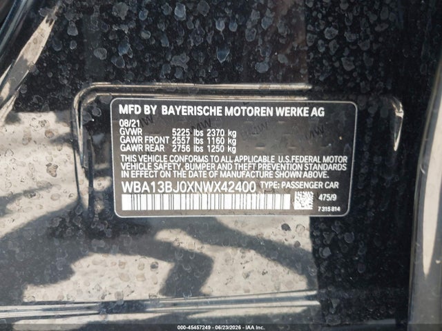 45457249 :رقم المزاد ، WBA13BJ0XNWX42400 vin ، 2022 Bmw 530 I Xdrive مزاد بيع