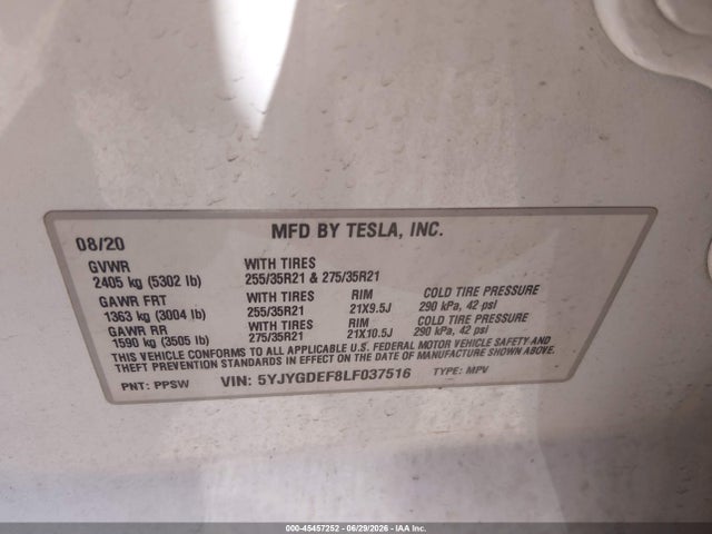 45457252 :رقم المزاد ، 5YJYGDEF8LF037516 vin ، 2020 Tesla Model Y Long Range Dual Motor All-wheel Drive/performance Dual Motor All-wheel Drive مزاد بيع