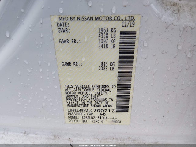 Продажа на аукционе авто 2020 Nissan Altima S Fwd, vin: 1N4BL4BV2LC200712, номер лота: 45457277