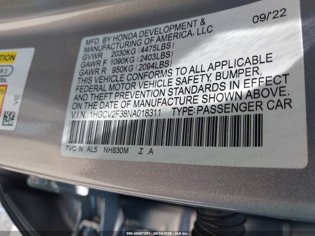 45457281 :رقم المزاد ، 1HGCV2F38NA018311 vin ، 2022 Honda Accord Sport 2.0t مزاد بيع