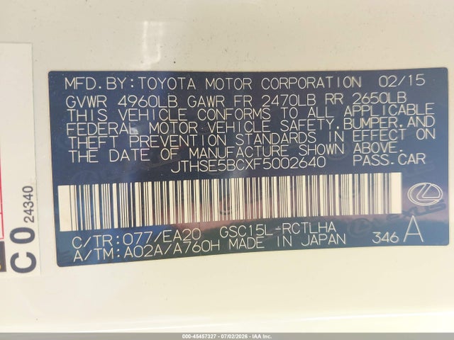 Продаж на аукціоні авто 2015 Lexus Rc 350, vin: JTHSE5BCXF5002640, номер лоту: 45457327