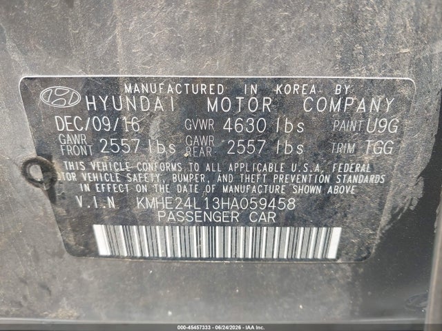 Продаж на аукціоні авто 2017 Hyundai Sonata Hybrid Se, vin: KMHE24L13HA059458, номер лоту: 45457333
