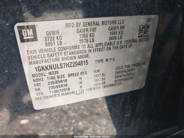 Продаж на аукціоні авто 2017 Gmc Acadia Slt-1, vin: 1GKKNULS7HZ294815, номер лоту: 45457359