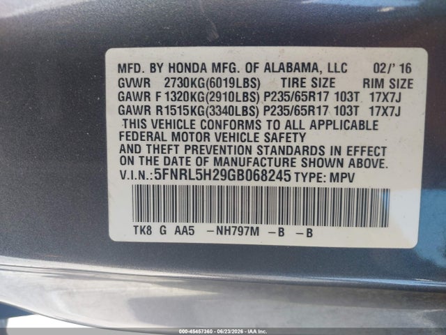 Honda ODYSSEY LX 2016 5FNRL5H29GB068245 Image 9