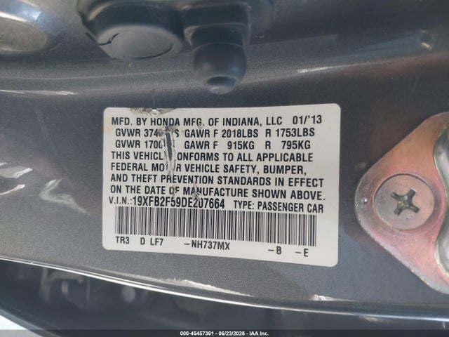 2013 Honda Civic Lx მანქანა იყიდება აუქციონზე, vin: 19XFB2F59DE207664, აუქციონის ნომერი: 45457361