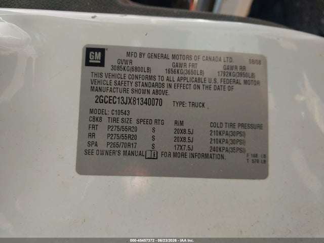 Продажа на аукционе авто 2008 Chevrolet Silverado 1500 Lt1, vin: 2GCEC13JX81340070, номер лота: 45457372