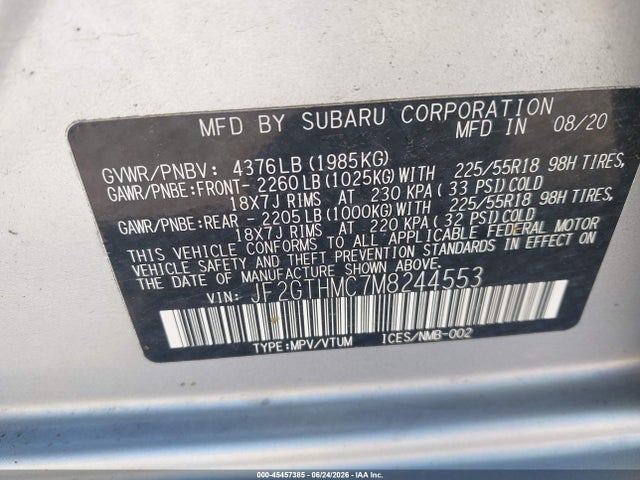 Aukcja sprzedaży 2021 Subaru Crosstrek Limited, vin: JF2GTHMC7M8244553, numer aukcji: 45457385