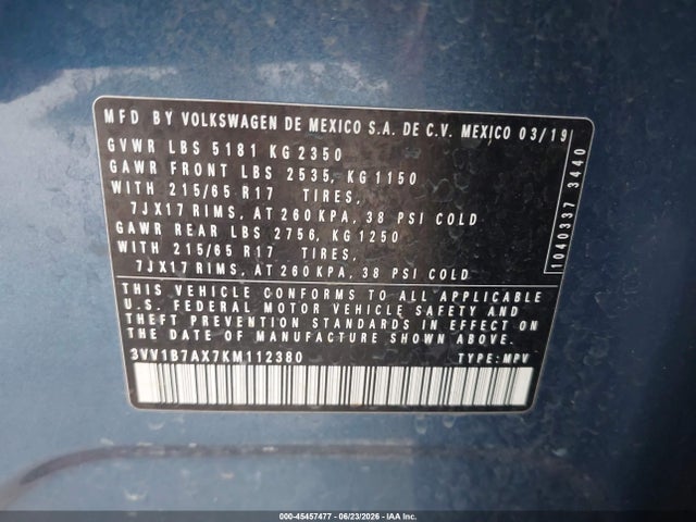 Auction sale of the 2019 Volkswagen Tiguan 2.0t S, vin: 3VV1B7AX7KM112380, lot number: 45457477