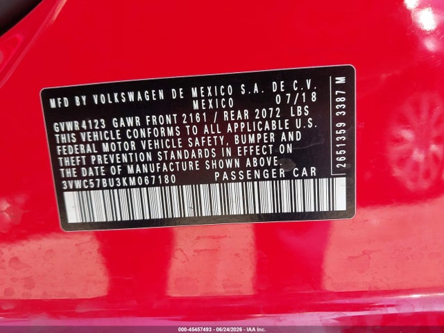 45457493 :رقم المزاد ، 3VWC57BU3KM067180 vin ، 2019 Volkswagen Jetta 1.4t R-line/1.4t S/1.4t Se مزاد بيع