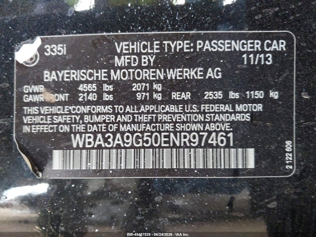 2014 Bmw 335i მანქანა იყიდება აუქციონზე, vin: WBA3A9G50ENR97461, აუქციონის ნომერი: 45457528