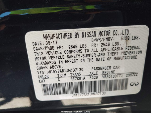 Продажа на аукционе авто 2018 Infiniti Q50 3.0t Luxe, vin: JN1EV7AR1JM437130, номер лота: 45457539