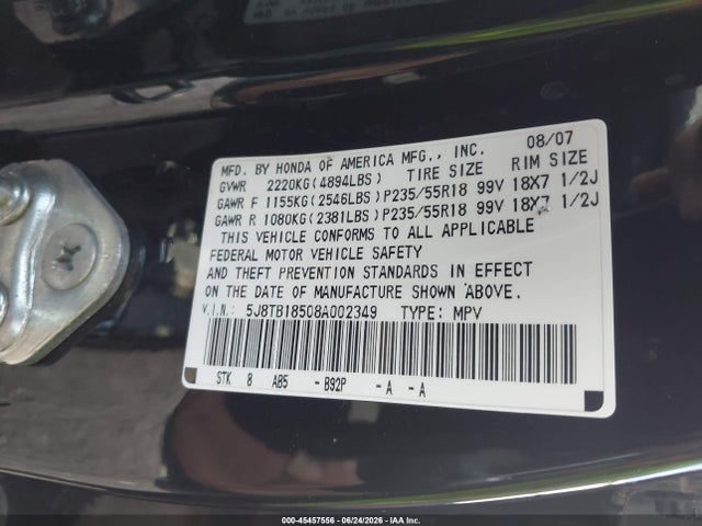 Auction sale of the 2008 Acura Rdx, vin: 5J8TB18508A002349, lot number: 45457556