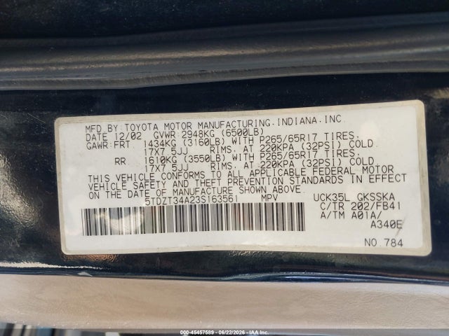 Auction sale of the 2003 Toyota Sequoia Sr5 V8, vin: 5TDZT34A23S163561, lot number: 45457589