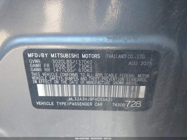 Mitsubishi MIRAGE DE 2015 ML32A3HJ9FH055421 Image 9