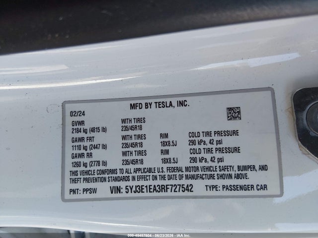 Продажа на аукционе авто 2024 Tesla Model 3 Long Range Dual Motor All-wheel Drive/rear-wheel Drive, vin: 5YJ3E1EA3RF727542, номер лота: 45457604