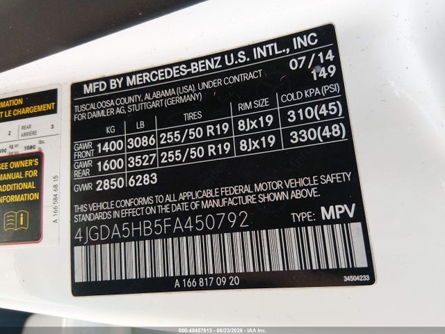 45457613 :رقم المزاد ، 4JGDA5HB5FA450792 vin ، 2015 Mercedes-benz Ml 350 4matic مزاد بيع