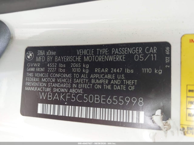 45457627 :رقم المزاد ، WBAKF5C50BE655998 vin ، 2011 Bmw 328i Xdrive مزاد بيع