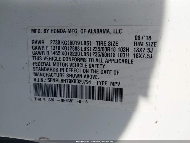5FNRL6H79KB029794 Honda Odyssey Ex-l