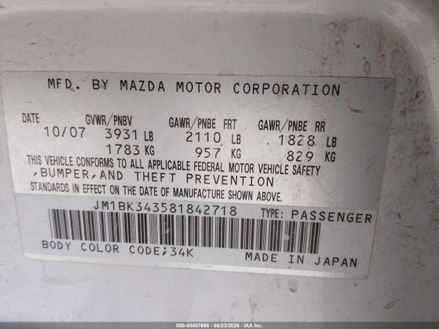 Продаж на аукціоні авто 2008 Mazda Mazda3, vin: JM1BK343581842718, номер лоту: 45457666