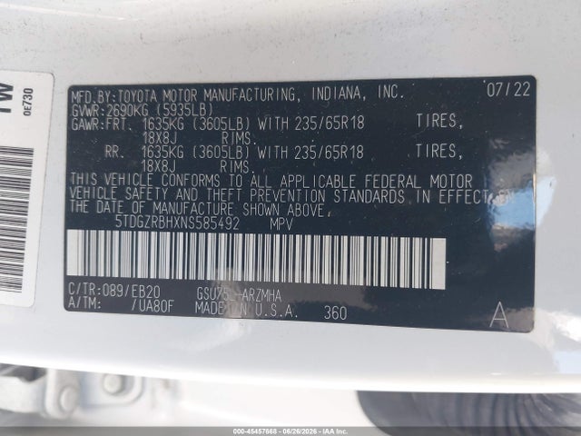 Toyota Highlander Xle 2022 5TDGZRBHXNS585492 Image 9
