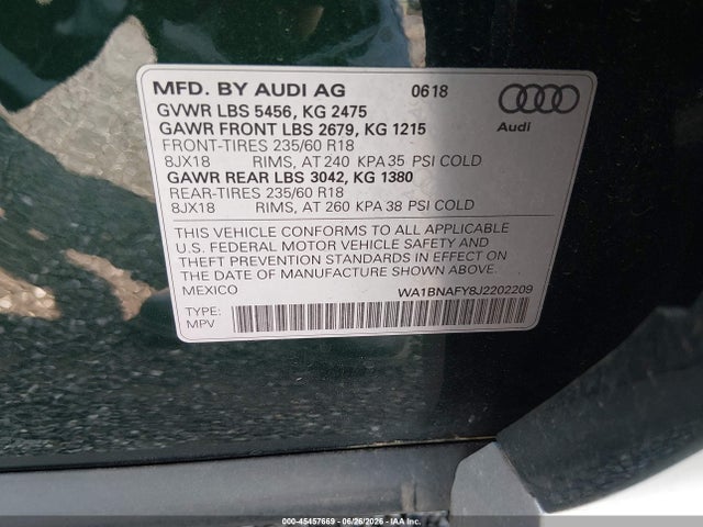 Aukcja sprzedaży 2018 Audi Q5 2.0t Premium/2.0t Tech Premium, vin: WA1BNAFY8J2202209, numer aukcji: 45457669