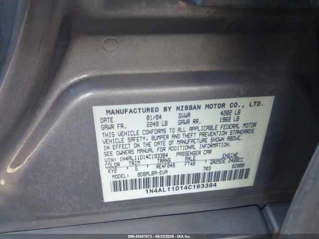 2004 Nissan Altima 2.5 Sl მანქანა იყიდება აუქციონზე, vin: 1N4AL11D14C193384, აუქციონის ნომერი: 45457672