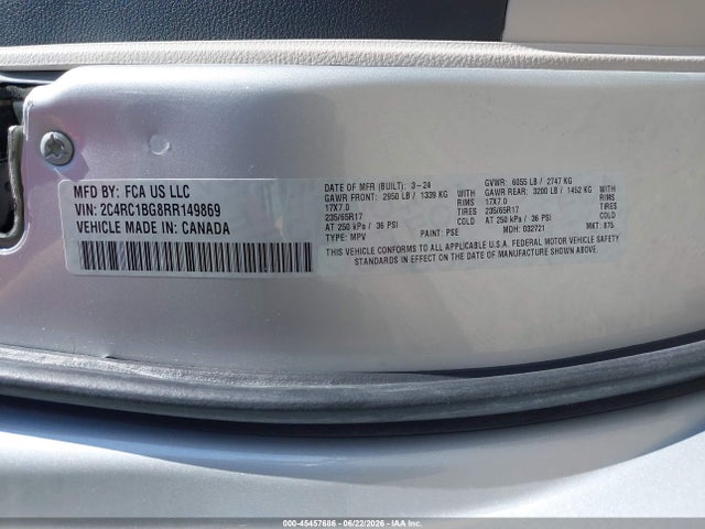 45457686 :رقم المزاد ، 2C4RC1BG8RR149869 vin ، 2024 Chrysler Pacifica Touring L مزاد بيع
