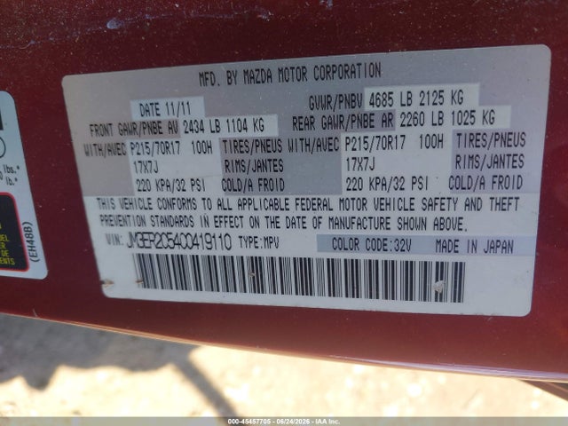 45457705 :رقم المزاد ، JM3ER2C54C0419110 vin ، 2012 Mazda Cx-7 I Touring مزاد بيع