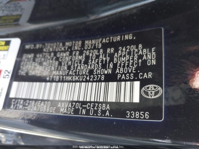 4T1B11HK6KU242378 Toyota CAMRY SE