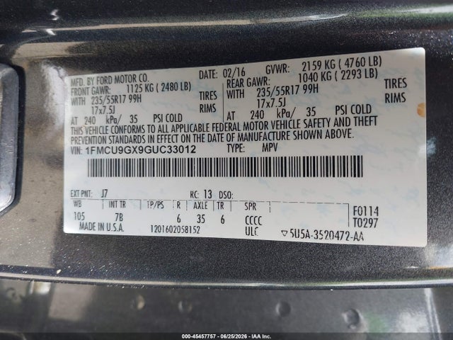 Ford ESCAPE SE 2016 1FMCU9GX9GUC33012 Image 9