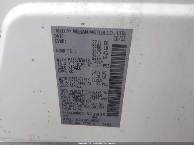 Продажа на аукционе авто 2015 Infiniti Qx60, vin: 5N1AL0MM0FC551945, номер лота: 45457781