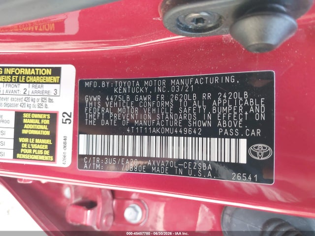 4T1T11AK0MU449642 Toyota CAMRY SE