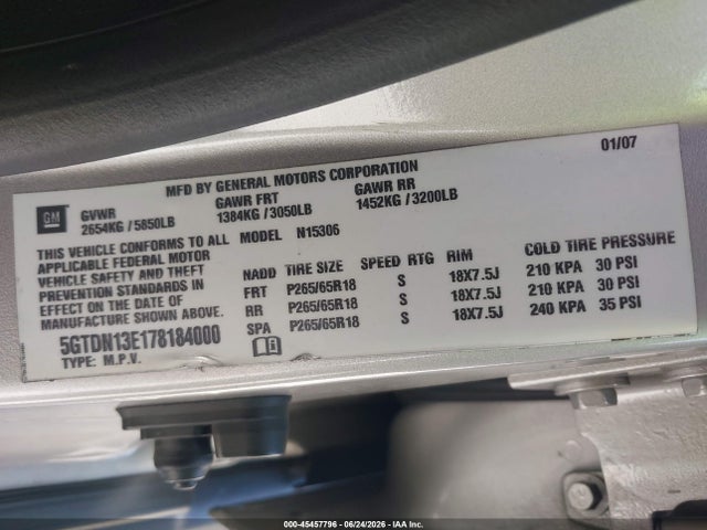 45457796 :رقم المزاد ، 5GTDN13E178184000 vin ، 2007 Hummer H3 Suv مزاد بيع