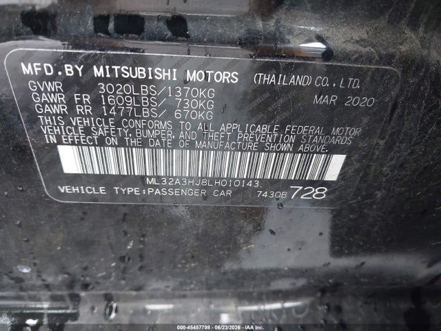 2020 Mitsubishi Mirage Es/se მანქანა იყიდება აუქციონზე, vin: ML32A3HJ8LH010143, აუქციონის ნომერი: 45457798