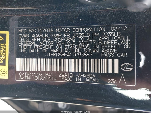 Aukcja sprzedaży 2012 Lexus Ct 200h Premium, vin: JTHKD5BH4C2093867, numer aukcji: 45457805