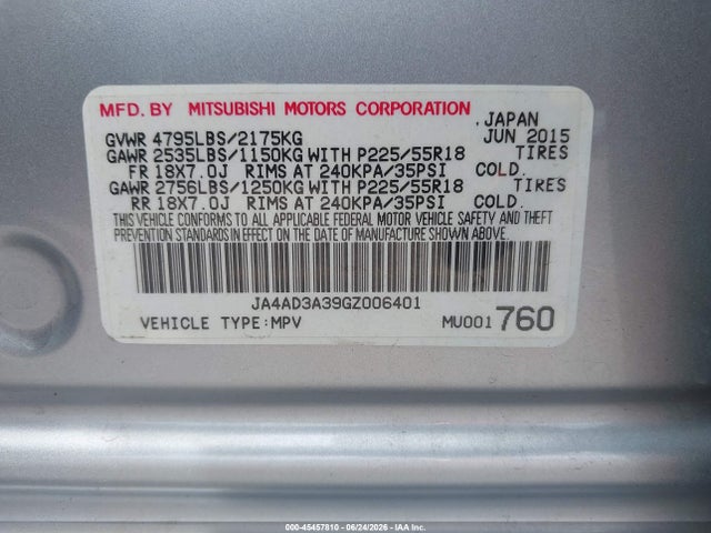 45457810 :رقم المزاد ، JA4AD3A39GZ006401 vin ، 2016 Mitsubishi Outlander Sel مزاد بيع