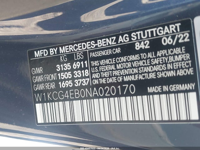 45457822 :رقم المزاد ، W1KCG4EB0NA020170 vin ، 2022 Mercedes-benz Eqs 580 4matic مزاد بيع