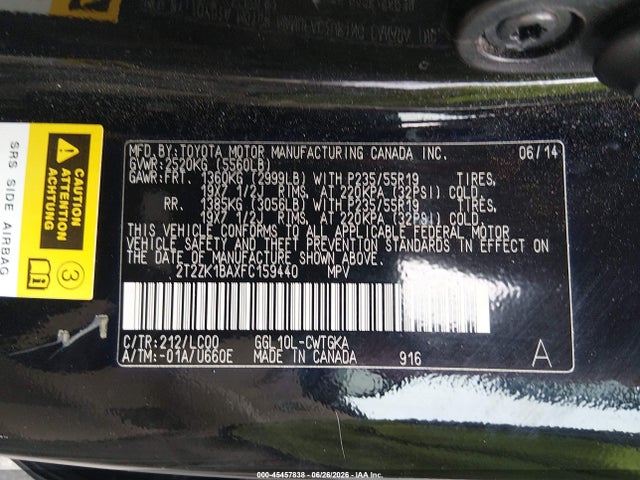 45457838 :رقم المزاد ، 2T2ZK1BAXFC159440 vin ، 2015 Lexus Rx 350 مزاد بيع