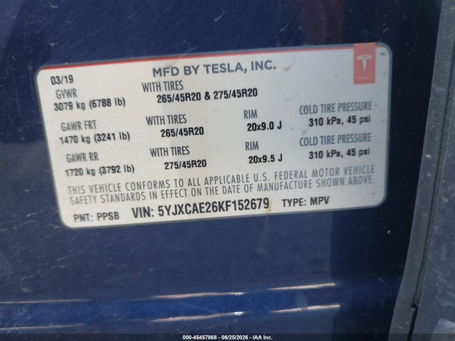 Auction sale of the 2019 Tesla Model X 100d/75d/long Range, vin: 5YJXCAE26KF152679, lot number: 45457868