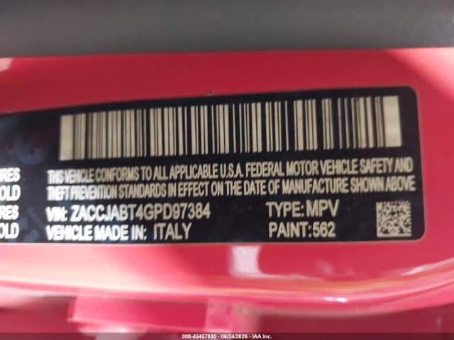Продажа на аукционе авто 2016 Jeep Renegade Latitude, vin: ZACCJABT4GPD97384, номер лота: 45457880