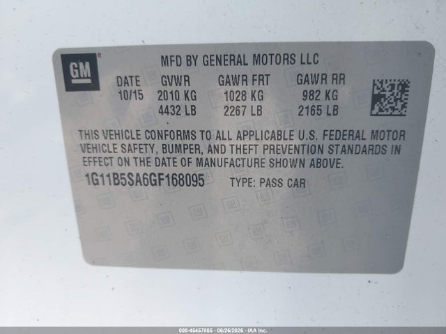 Продаж на аукціоні авто 2016 Chevrolet Malibu Limited Ls, vin: 1G11B5SA6GF168095, номер лоту: 45457885